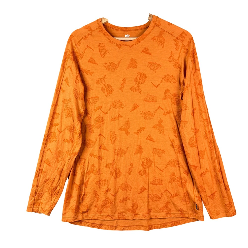 REI Co-op Mens XL Orange 100% Merino Wool Long Sleeve Graphic Base Layer Shirt